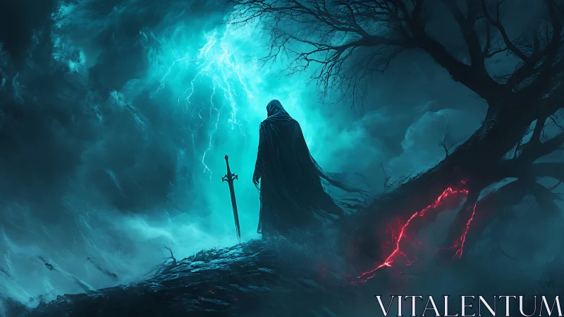 Cloaked figure studies stormlit sword amid bifurcated energy rift