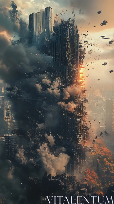 Sunset shatters a towering city ruin into drifting ash.