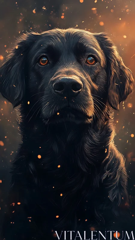 Black dog portrait is rendered with detailed fur and embers