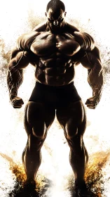 Thunderous bodybuilder rising from swirling golden dust.