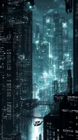 Futuristic vertical cityscape with teal illuminated towers.