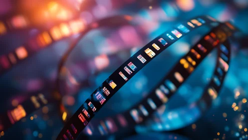 Gently glowing film strips curl through dreamy neon light