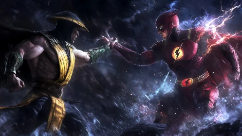 Two costumed fighters confront each other in dynamic motion