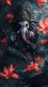 Divine Ganesha meditates in swirling crimson petals and mist