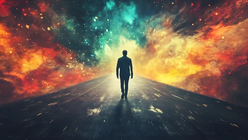 Silhouette on roadway against abstract cosmic nebula field.