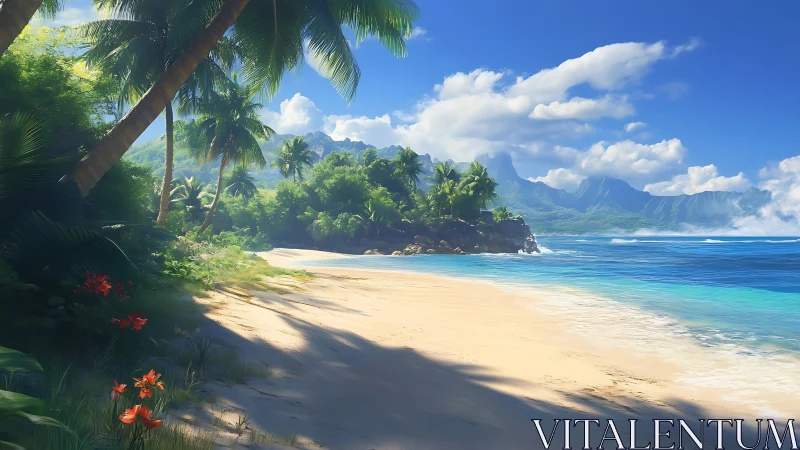 Tropical Paradise Beach with Mountain Cliffs.
