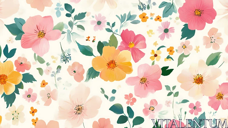 Botanical Floral Pattern with Pink, Yellow, and Orange Blooms