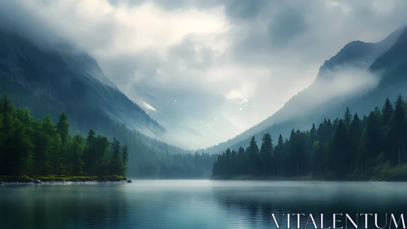 Glacial valley lake under stratified fog and diffuse skylight.