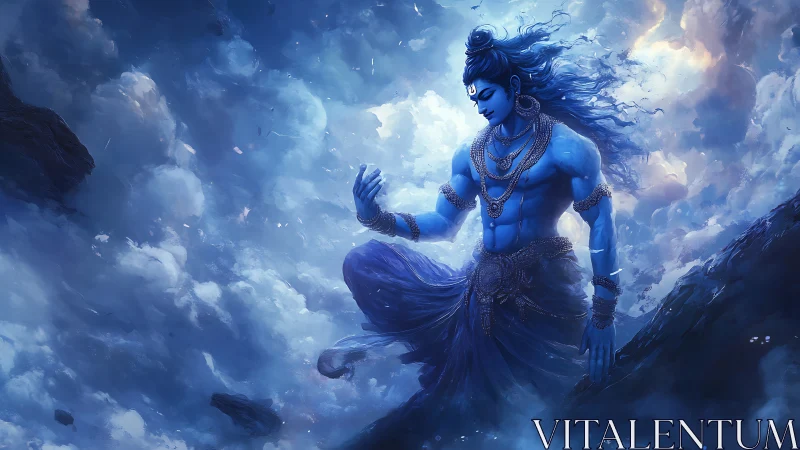 Celestial blue deity rises in swirling cosmic storm clouds