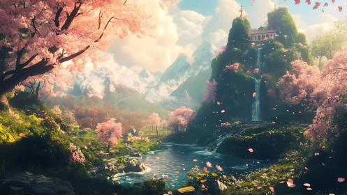 Mountain valley with waterfall and cherry blossom trees.
