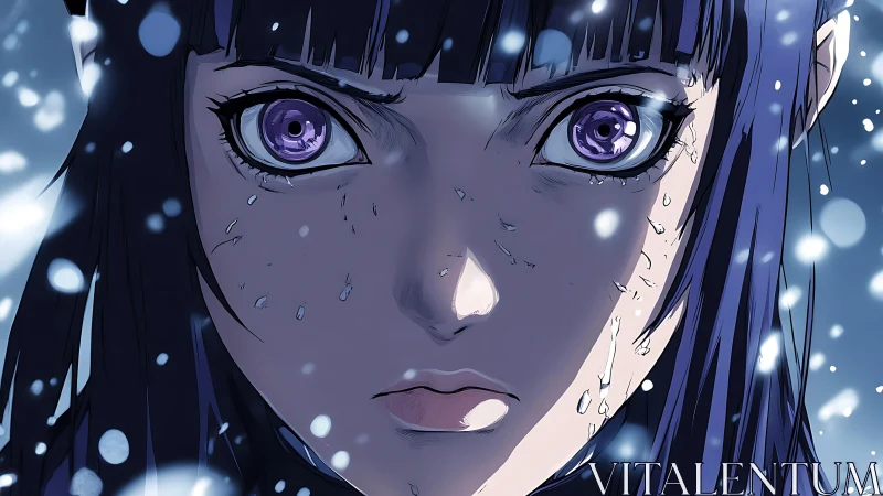 Storm-lit anime girl meets the falling snow with fierce resolve