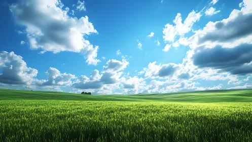 Photorealistic pastoral field under expansive cloud-swept sky.