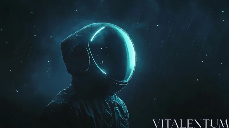Neon-lit astronaut stands alone in a rainy, futuristic night.