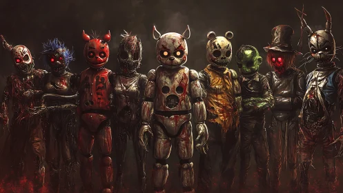 Creepy animatronic squad gathers in a dark, eerie lineup.