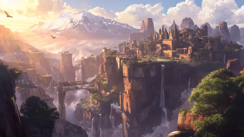 Sunlit cliffside kingdom floats above roaring waterfall canyons