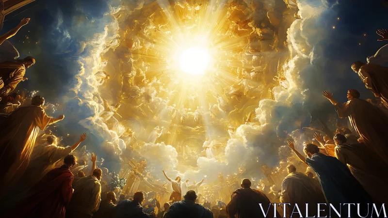 Heavenly assembly gather beneath radiant celestial light.