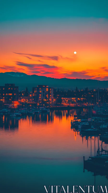 Harbor waterfront skyline under vivid sunset and moonlit sky.