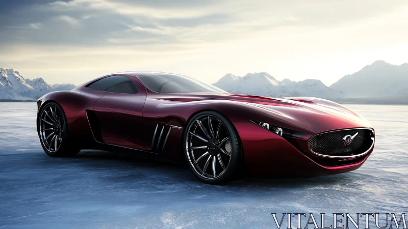 Red concept sports car is positioned on frozen flat terrain