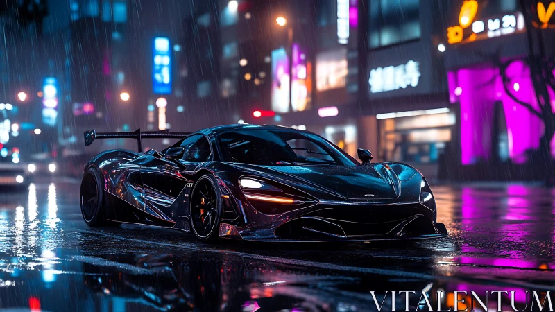Neon-lit supercar slicing through rain-soaked city streets.