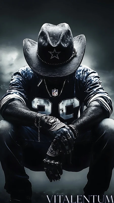 Cowboy hat figure in football jersey under dramatic lighting.