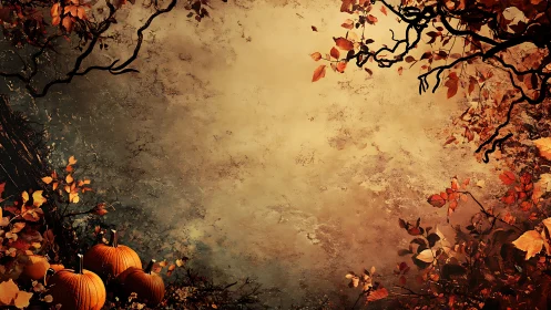 Pumpkins rest beneath autumn branches in a rustic glow