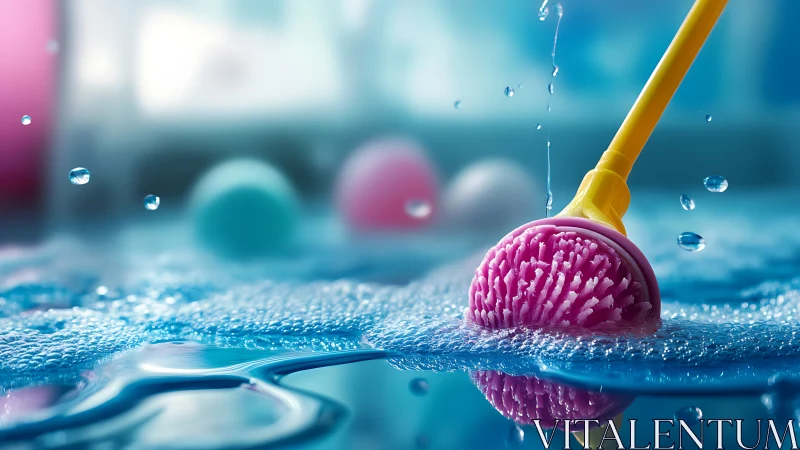Colorful dish scrubber in soapy water, close-up focus.