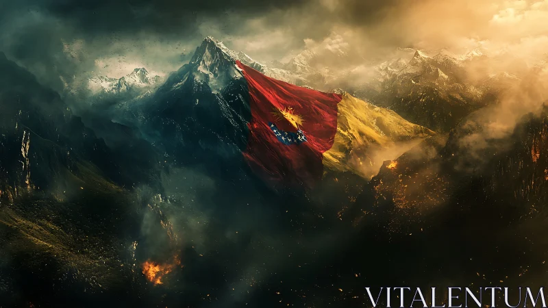 War-torn mountain landscape wrapped in colossal flag imagery.