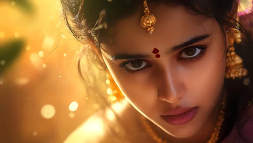 Intense gaze of adorned woman in glowing golden bokeh light.