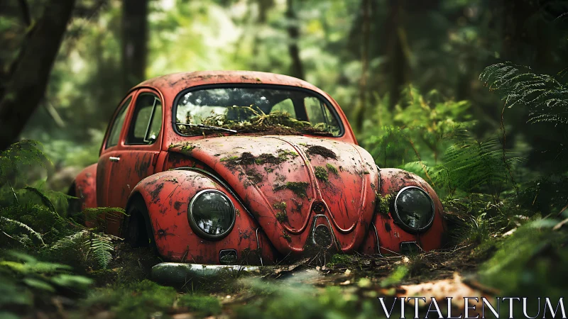 Red vintage car partially overgrown in dense forest setting.