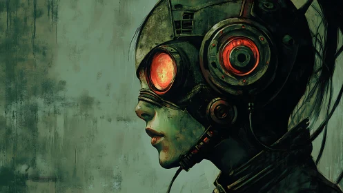 Cybernetic profile portrait with red optical visor and headset