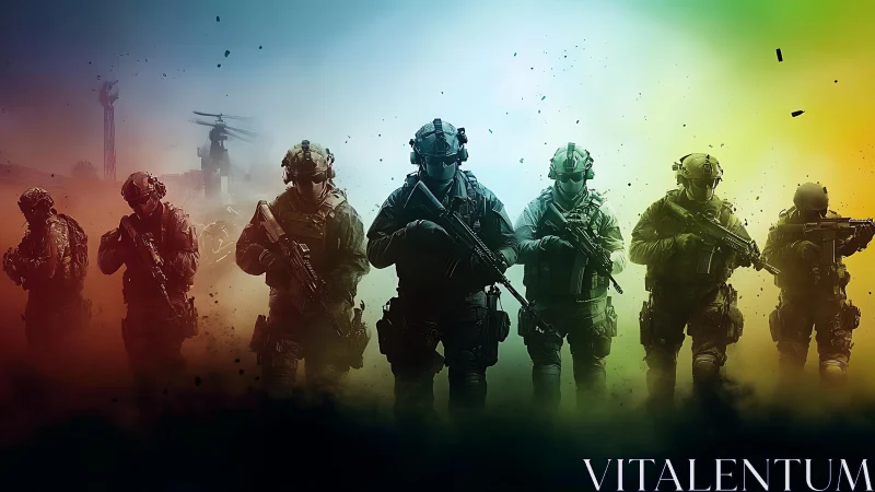 Tactical assault squad advances through chromatic battlefield haze