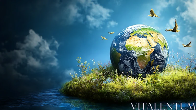 Planet Earth rests on floral island beneath soaring birds.