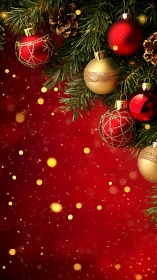Red background with gold ornaments on evergreen branch.