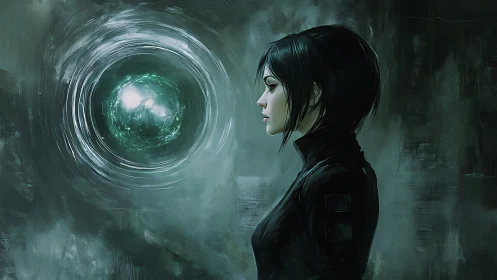 Cybernetic woman studies emerald energy sphere in profile.