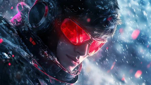 Neon-eyed snow runner in blizzard-bright cyber armor.