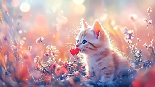 White Kitten Holds Red Heart Among Flowers. Fantasy