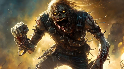 Zombie humanoid creature advances amid intense fiery backlight