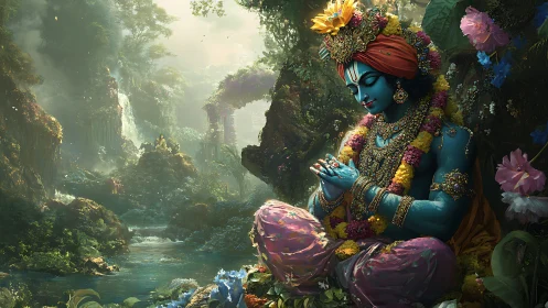 Blue deity meditates in lush jungle beside shining river.