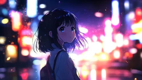 Anime girl with backpack in neon city night lights.