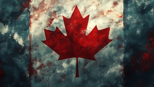 Brushstroked maple leaf flag glowing in bold red pride.