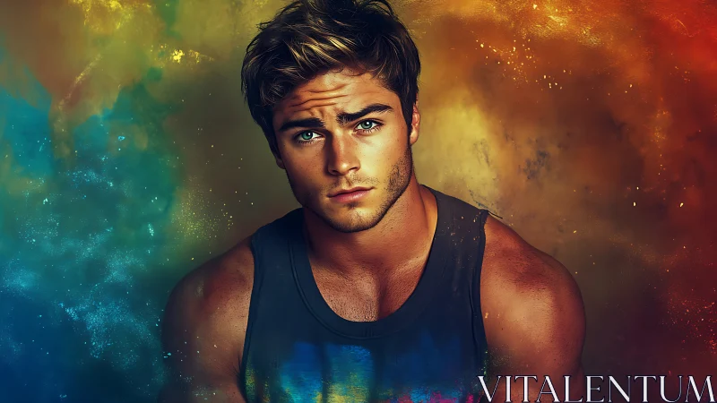 Digital male portrait against multicolored abstract background.