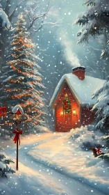 Digital painting of snowy holiday cabin with lit path and firs.