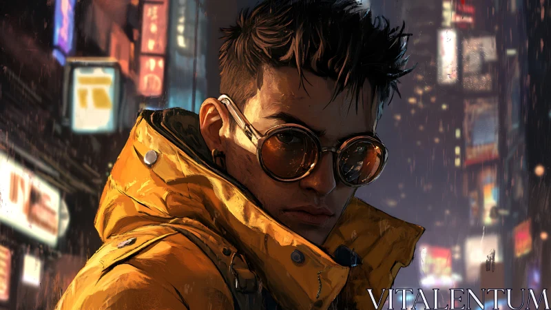 Neon city wanderer owns the rainy night in bold yellow