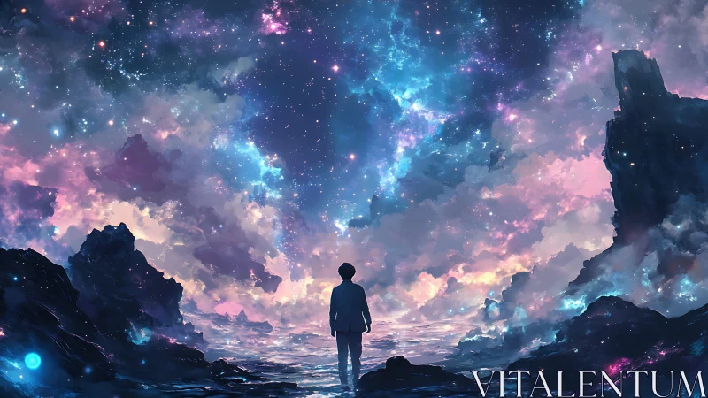 Solitary figure observes nebular sky in luminous digital vista