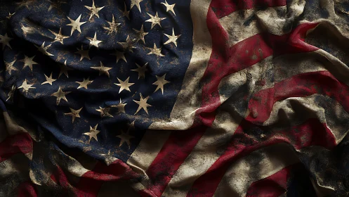 Weathered American flag with dramatic folds and grit.