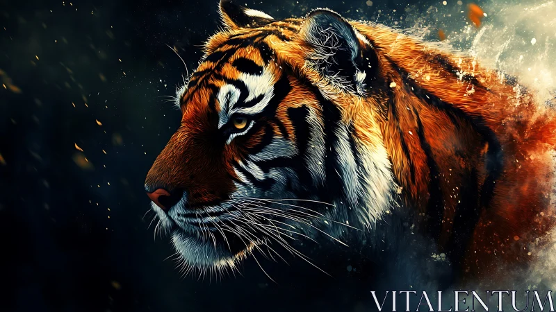 Tiger profile in vivid digital paint and drifting sparks.