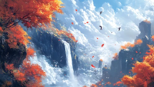 Autumn canyon waterfall cascades beneath soaring crimson leaves