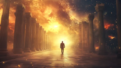 Solitary figure in colonnade before luminous cosmic sky.