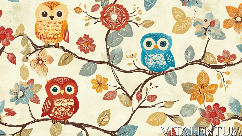 Three Colorful Cartoon Owls on Floral Branches, Whimsical Art Style.