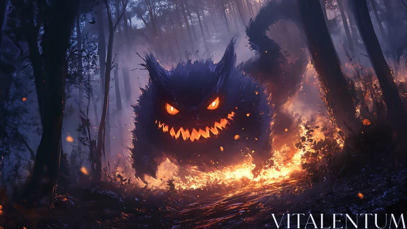 Large glowing-eyed creature advances through burning forest